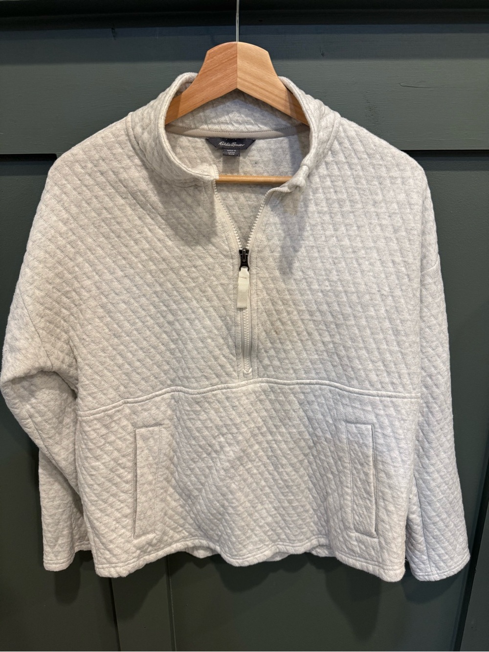 Eddie Bauer Quilted Light Gray Half-Zip Pullover